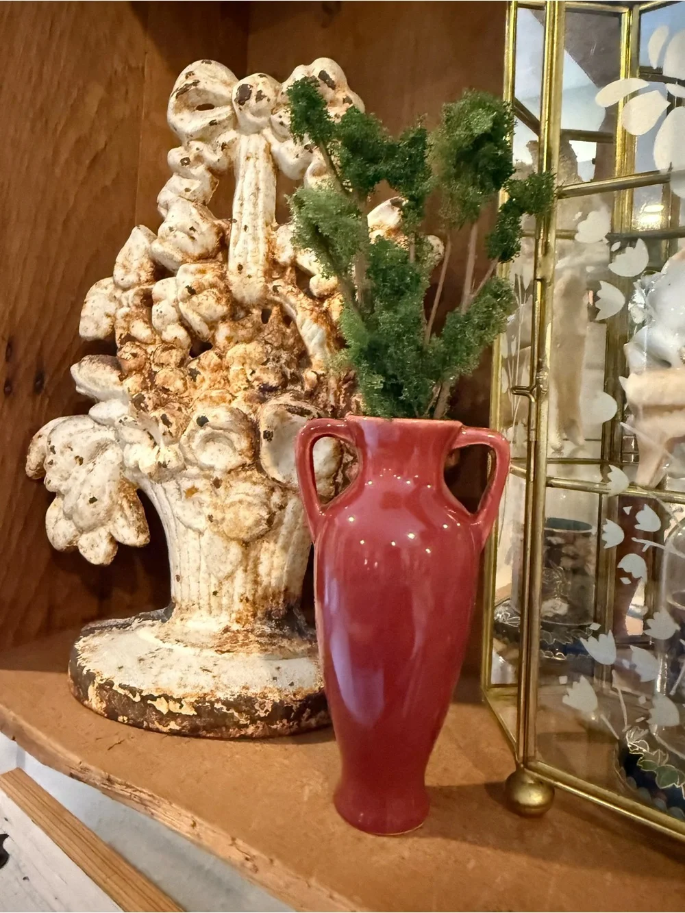 Vintage Ceramic Two-Handle Vase in Deep Rose with Faux Greenery Branches